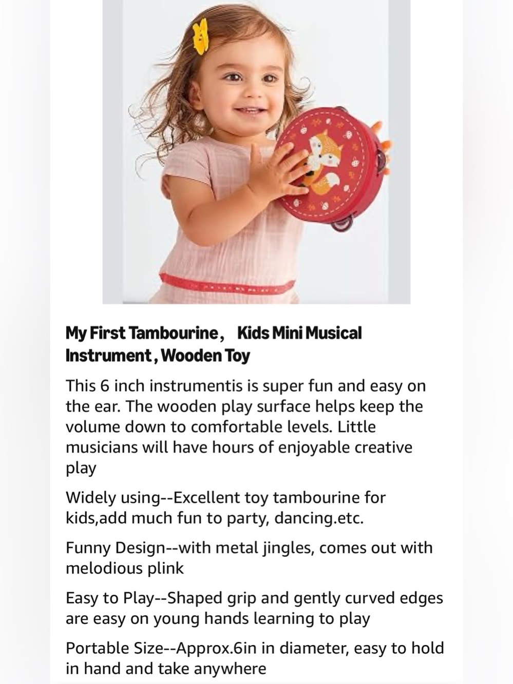 NIB - WoodenEdu Wooden Tambourine Toy Set (Red Fox & Yellow Bear) - Picture 6 of 11